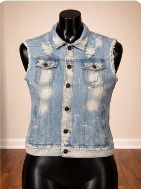 Rolling Paper Sleeveless Heavily Distressed Jean Jacket Rockabilly Vest XL